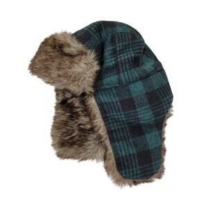 NYC Underground Plaid Winter Hat Green Black Faux Fur Trapper Style OS Warm Cozy